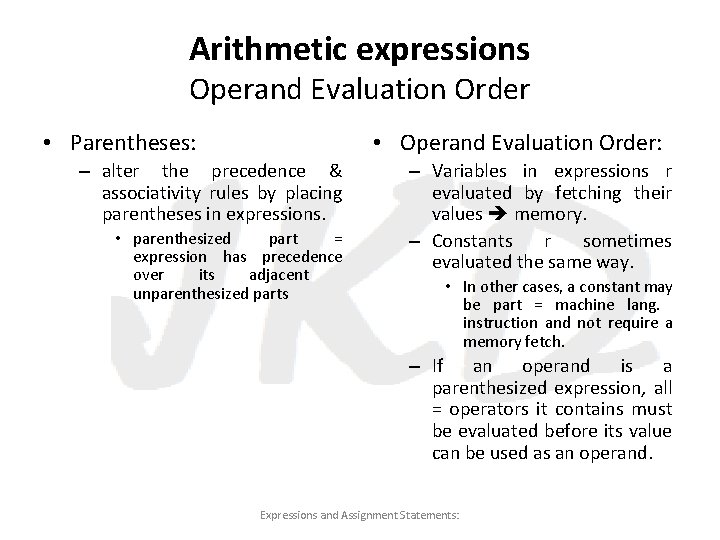 Arithmetic expressions Operand Evaluation Order • Parentheses: • Operand Evaluation Order: – alter the