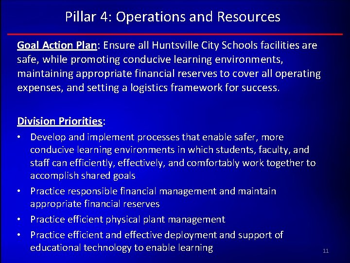 Pillar 4: Operations and Resources Goal Action Plan: Ensure all Huntsville City Schools facilities Pillar 4: Operations and Resources Goal Action Plan: Ensure all Huntsville City Schools facilities