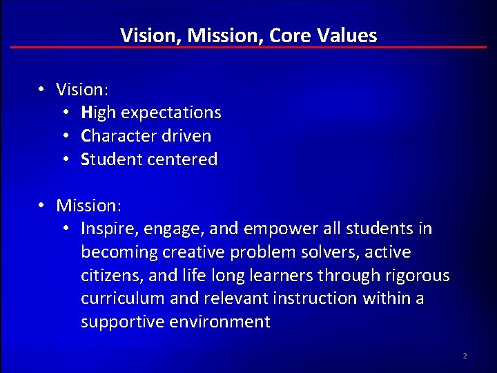 Vision, Mission, Core Values • Vision: • High expectations • Character driven • Student Vision, Mission, Core Values • Vision: • High expectations • Character driven • Student
