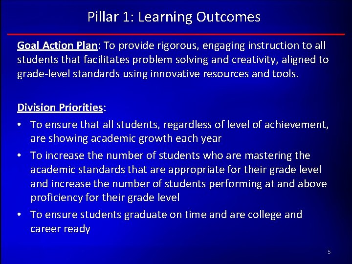 Pillar 1: Learning Outcomes Goal Action Plan: To provide rigorous, engaging instruction to all Pillar 1: Learning Outcomes Goal Action Plan: To provide rigorous, engaging instruction to all