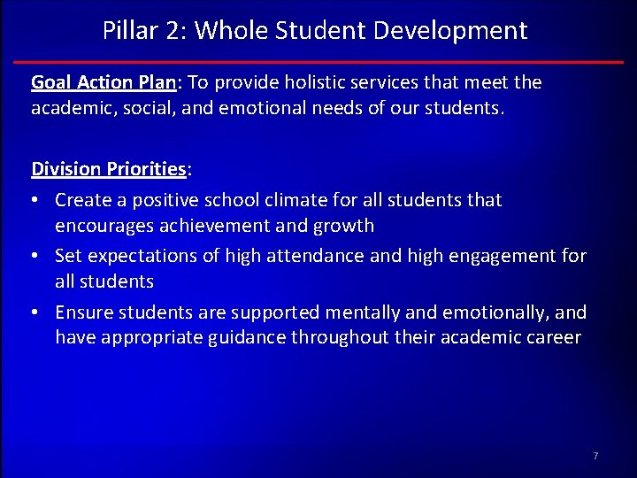 Pillar 2: Whole Student Development Goal Action Plan: To provide holistic services that meet Pillar 2: Whole Student Development Goal Action Plan: To provide holistic services that meet