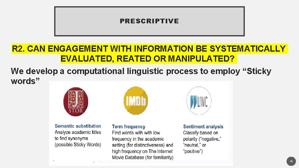 PRESCRIPTIVE R 2. CAN ENGAGEMENT WITH INFORMATION BE SYSTEMATICALLY EVALUATED, REATED OR MANIPULATED? We