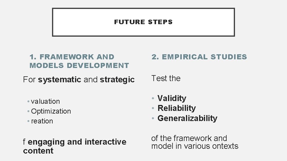 FUTURE STEPS 1. FRAMEWORK AND MODELS DEVELOPMENT For systematic and strategic • valuation •