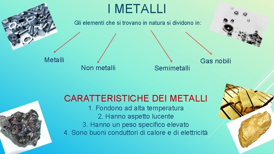 I METALLI Gli elementi che si trovano in natura si dividono in: Metalli Non