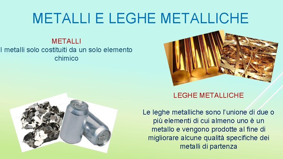 METALLI E LEGHE METALLICHE METALLI I metalli solo costituiti da un solo elemento chimico