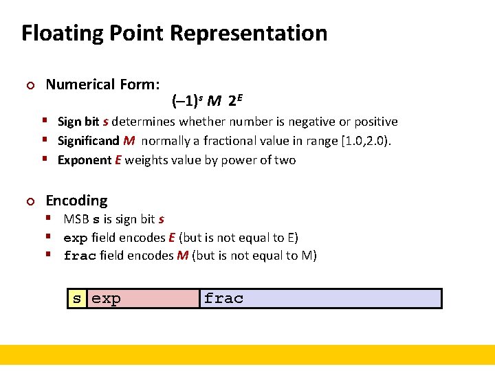 Floating Point Representation ¢ Numerical Form: (– 1)s M 2 E § Sign bit