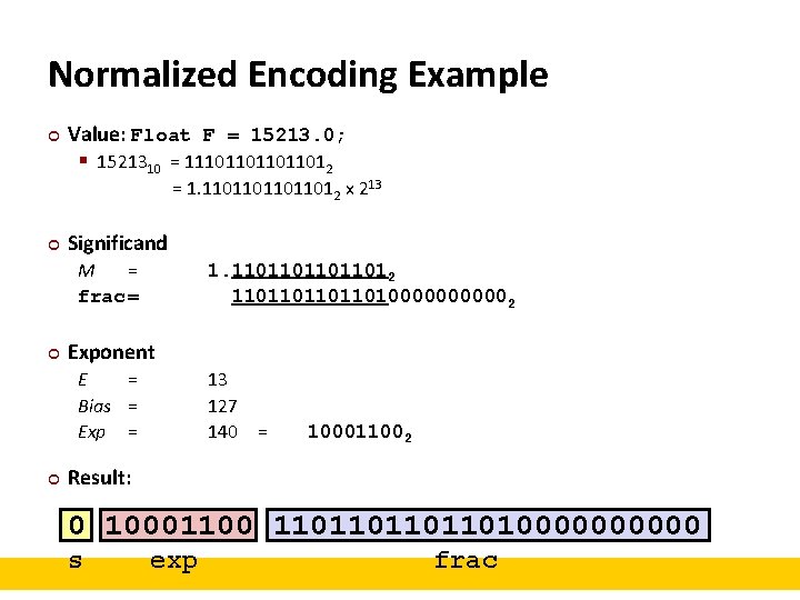 Normalized Encoding Example ¢ Value: Float F = 15213. 0; § 1521310 = 111011012