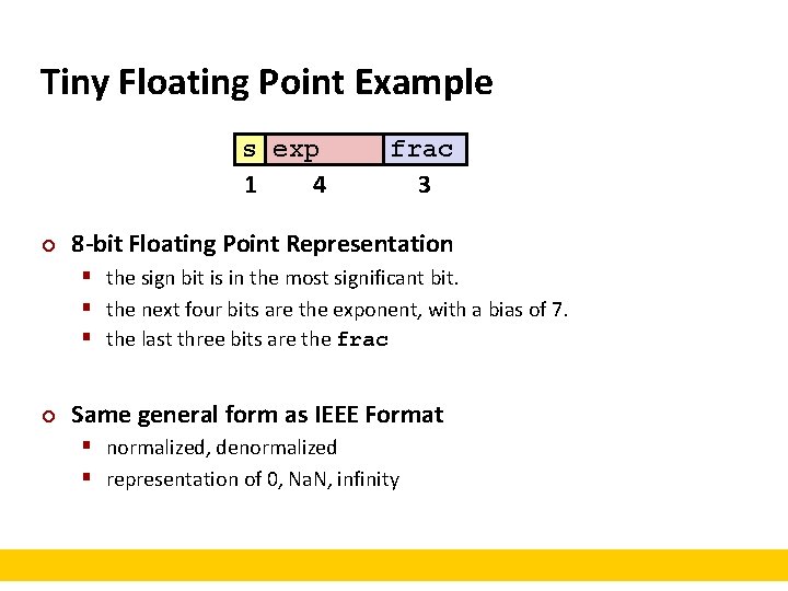 Tiny Floating Point Example s exp 1 4 ¢ frac 3 8 -bit Floating