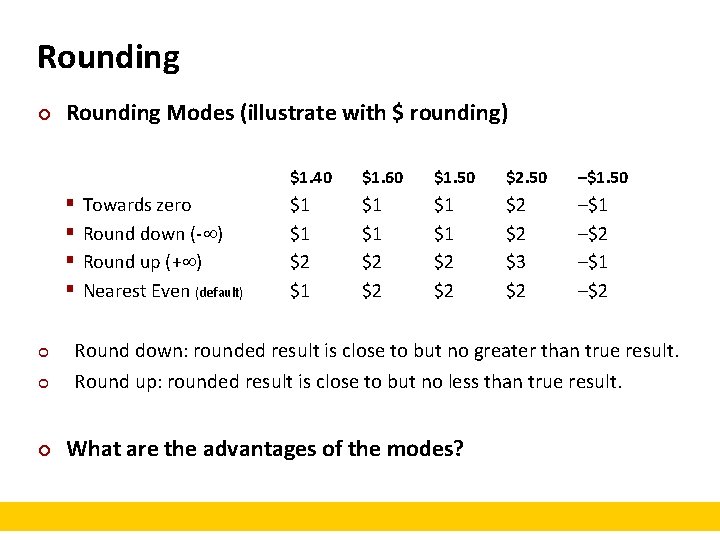 Rounding ¢ Rounding Modes (illustrate with $ rounding) § § ¢ ¢ ¢ Towards