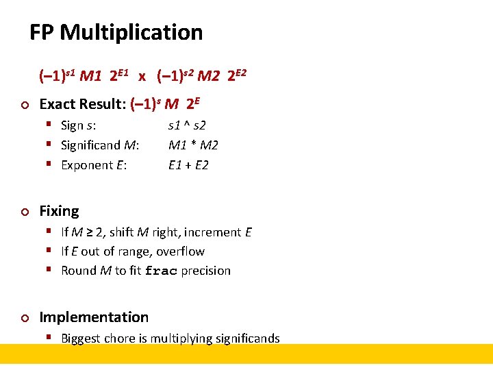 FP Multiplication (– 1)s 1 M 1 2 E 1 x (– 1)s 2