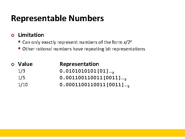 Representable Numbers ¢ Limitation § Can only exactly represent numbers of the form x/2