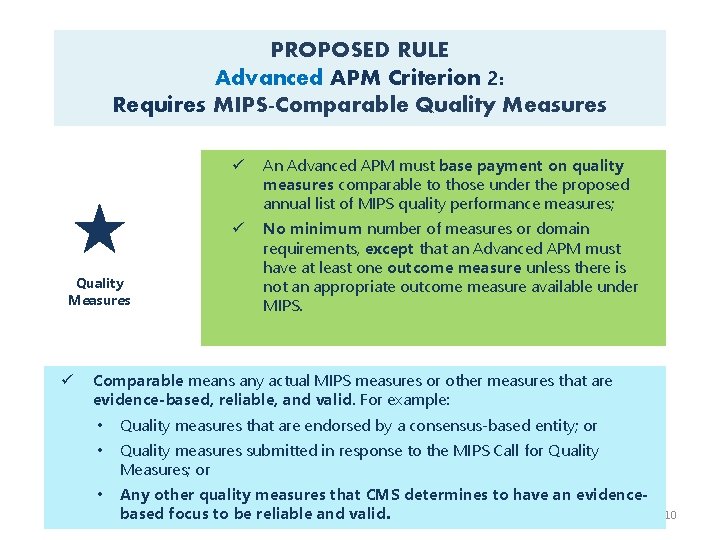 PROPOSED RULE Advanced APM Criterion 2: Requires MIPS-Comparable Quality Measures ü ü An Advanced