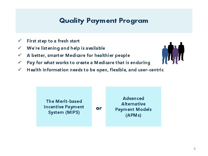 Quality Payment Program ü First step to a fresh start ü We’re listening and