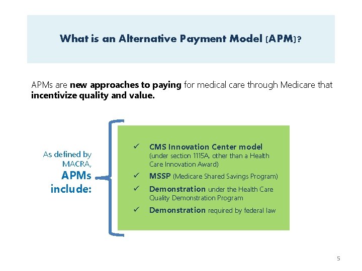 What is an Alternative Payment Model (APM)? APMs are new approaches to paying for