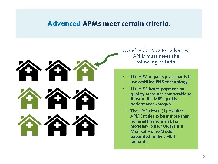 Advanced APMs meet certain criteria. As defined by MACRA, advanced APMs must meet the