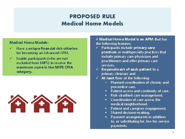 PROPOSED RULE Medical Home Models: ü Have a unique financial risk criterion for becoming