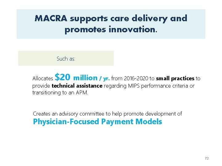 MACRA supports care delivery and promotes innovation. Such as: $20 Allocates million / yr.