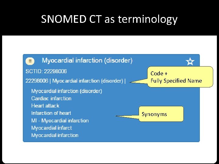 SNOMED CT as terminology Code + Fully Specified Name Synonyms 