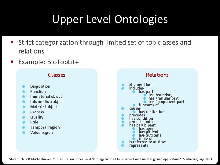 Upper Level Ontologies § Strict categorization through limited set of top classes and relations