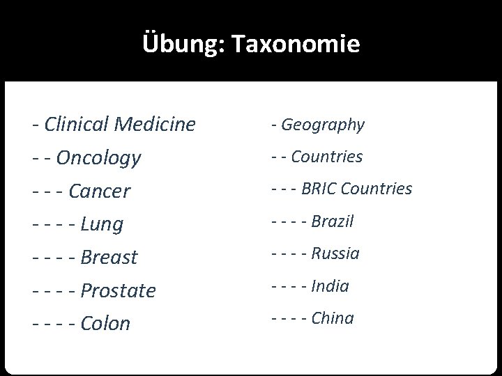 Übung: Taxonomie - Clinical Medicine - - Oncology - - - Cancer - -