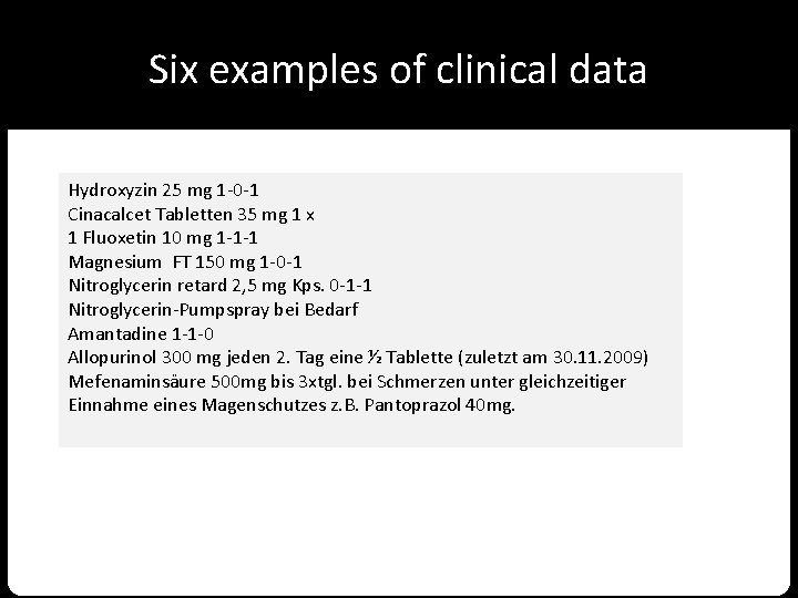 Six examples of clinical data Hydroxyzin 25 mg 1 -0 -1 Cinacalcet Tabletten 35