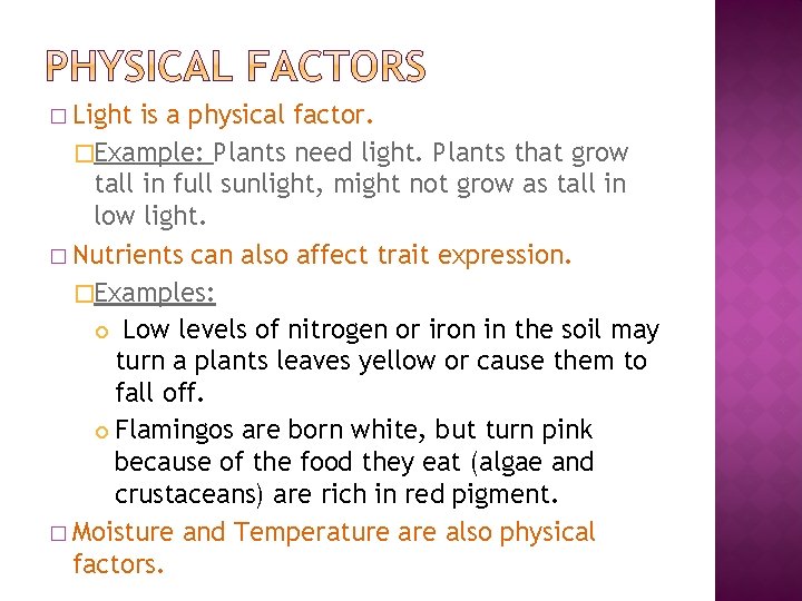 � Light is a physical factor. �Example: Plants need light. Plants that grow tall