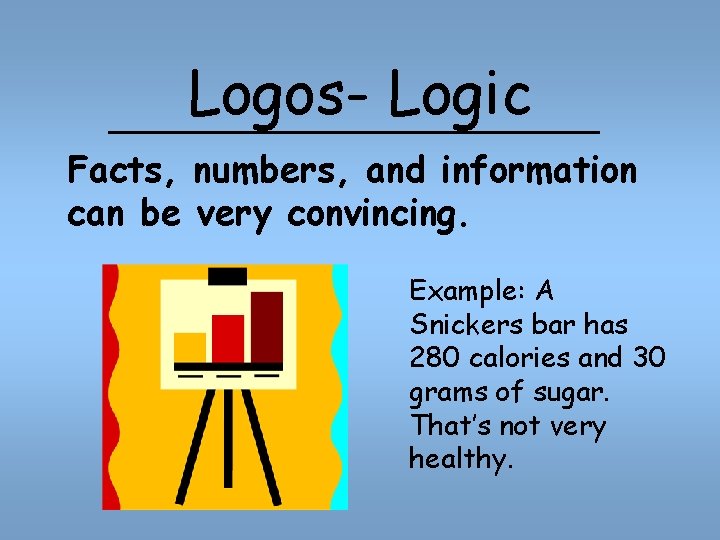 Logos- Logic Facts, numbers, and information can be very convincing. Example: A Snickers bar