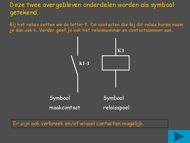 Deze twee overgebleven onderdelen worden als symbool getekend. Bij het relais zetten we de