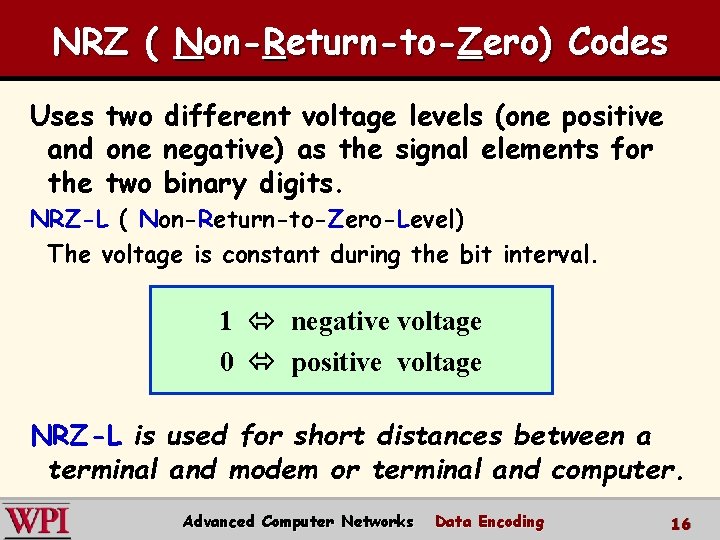 NRZ ( Non-Return-to-Zero) Codes Uses and the two one two different voltage levels (one