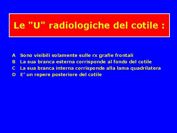 Le "U" radiologiche del cotile : A Sono visibili solamente sulle rx grafie frontali Le "U" radiologiche del cotile : A Sono visibili solamente sulle rx grafie frontali