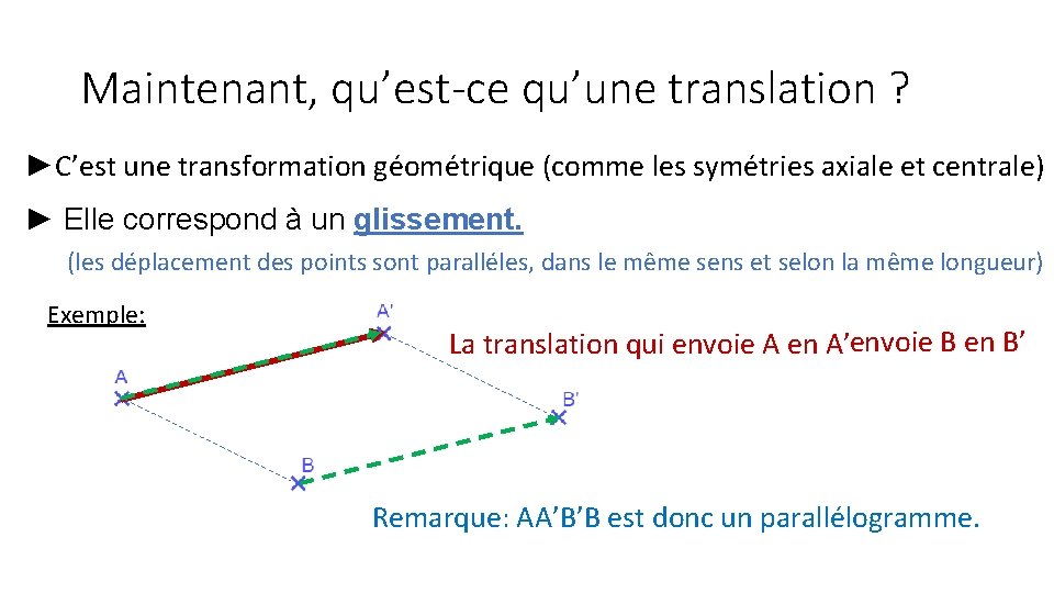 Maintenant, qu’est-ce qu’une translation ? ►C’est une transformation géométrique (comme les symétries axiale et
