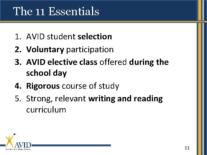 The 11 Essentials 1. AVID student selection 2. Voluntary participation 3. AVID elective class