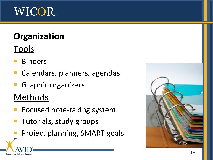 WICOR Organization Tools § Binders § Calendars, planners, agendas § Graphic organizers Methods §