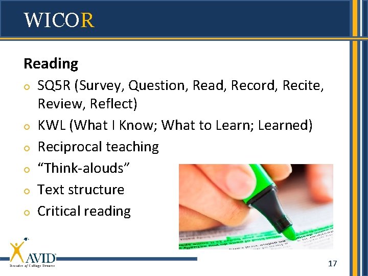 WICOR Reading SQ 5 R (Survey, Question, Read, Record, Recite, Review, Reflect) KWL (What