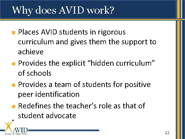 Why does AVID work? Places AVID students in rigorous curriculum and gives them the