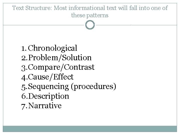 Text Structure: Most informational text will fall into one of these patterns 1. Chronological