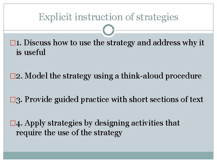 Explicit instruction of strategies � 1. Discuss how to use the strategy and address