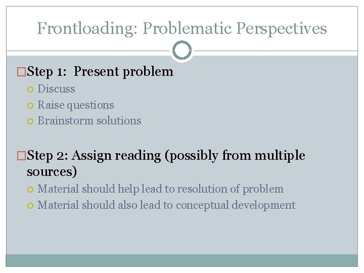 Frontloading: Problematic Perspectives �Step 1: Present problem Discuss Raise questions Brainstorm solutions �Step 2: