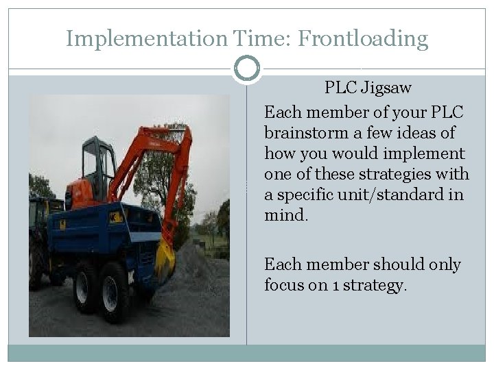 Implementation Time: Frontloading PLC Jigsaw Each member of your PLC brainstorm a few ideas