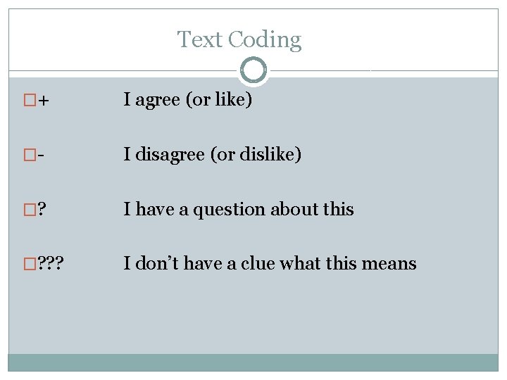 Text Coding �+ I agree (or like) �- I disagree (or dislike) �? I