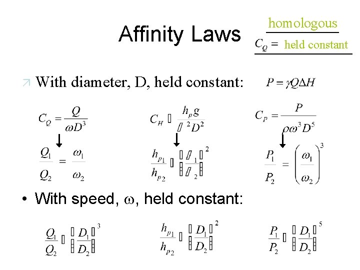 Affinity Laws ä With diameter, D, held constant: • With speed, w, held constant: