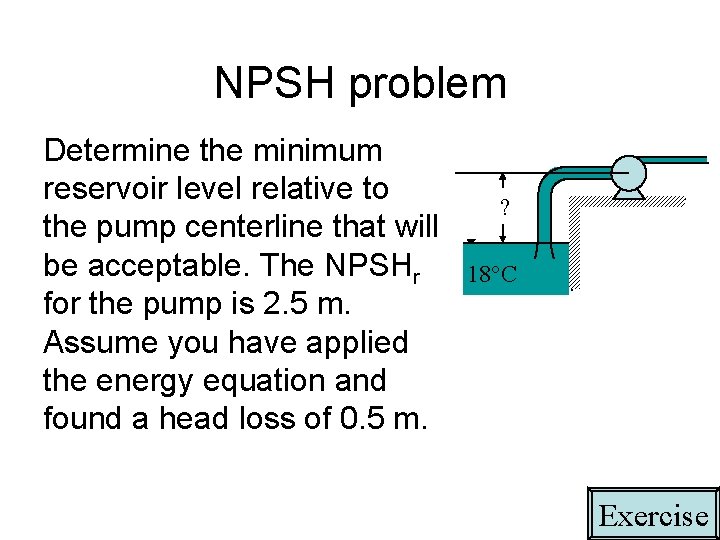 NPSH problem Determine the minimum reservoir level relative to the pump centerline that will