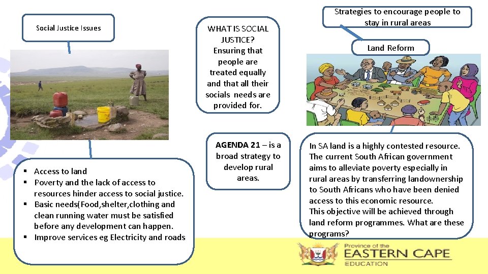 Social Justice Issues § Access to land § Poverty and the lack of access