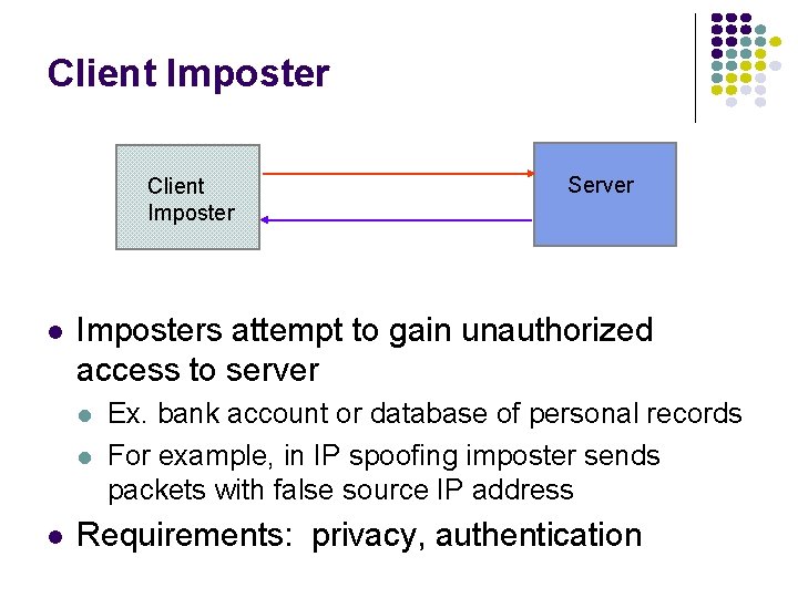Client Imposter l Imposters attempt to gain unauthorized access to server l l l