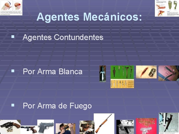 Agentes Mecánicos: § Agentes Contundentes § Por Arma Blanca § Por Arma de Fuego Agentes Mecánicos: § Agentes Contundentes § Por Arma Blanca § Por Arma de Fuego
