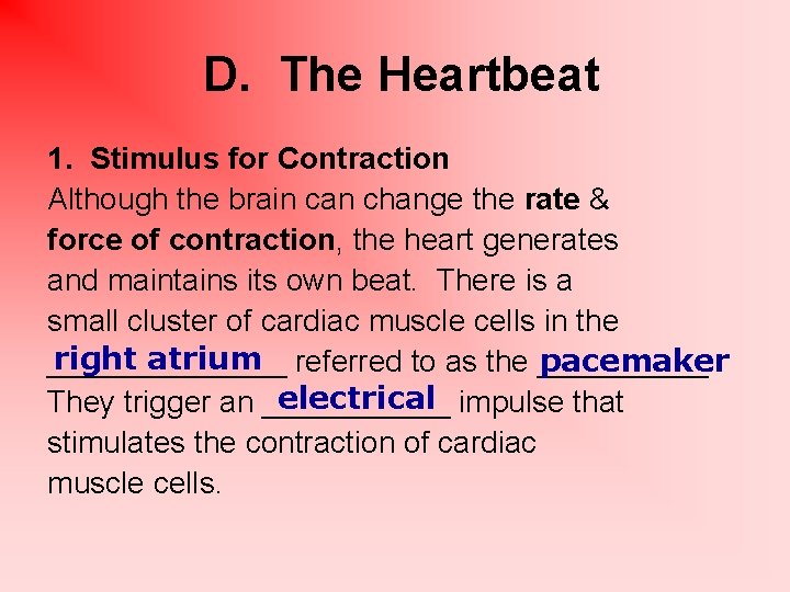 D. The Heartbeat 1. Stimulus for Contraction Although the brain can change the rate