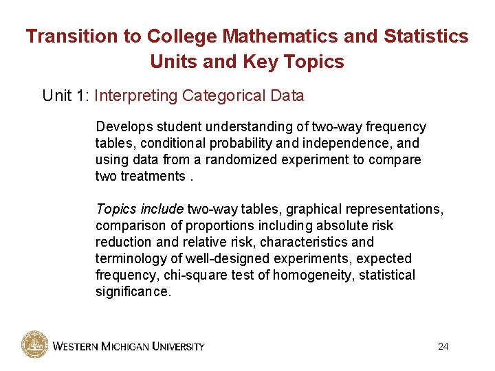 Transition to College Mathematics and Statistics Units and Key Topics Unit 1: Interpreting Categorical Transition to College Mathematics and Statistics Units and Key Topics Unit 1: Interpreting Categorical