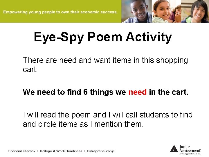 Eye-Spy Poem Activity There are need and want items in this shopping cart. We