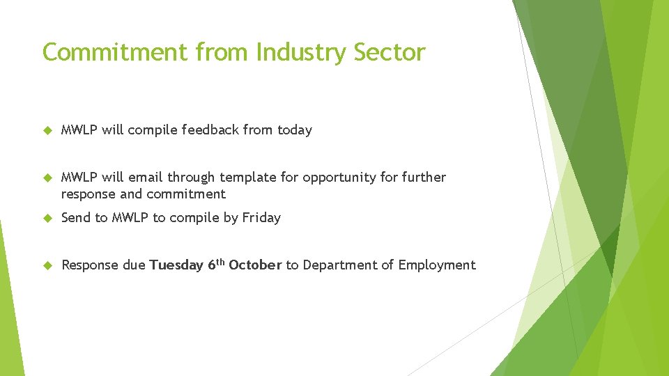 Commitment from Industry Sector MWLP will compile feedback from today MWLP will email through