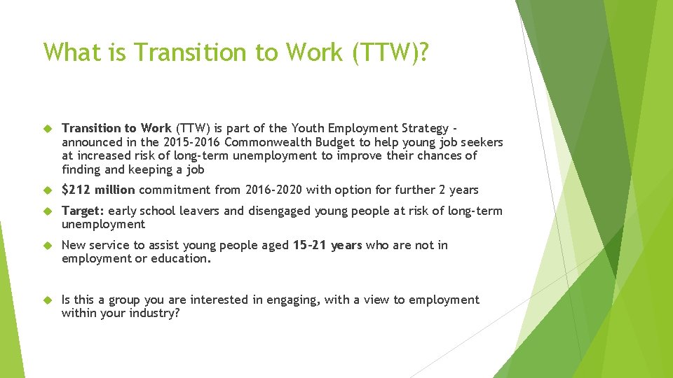 What is Transition to Work (TTW)? Transition to Work (TTW) is part of the